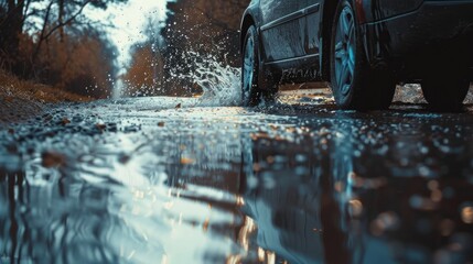A car drives through a puddle, splashing water around.

