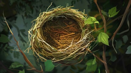 A cartoon-style bird nest made of straw and twigs, viewed from above.

