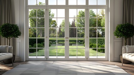 Open the prestigous white patio doors, view of a large garden with a lawn and trees and hedges, bright daylight.

