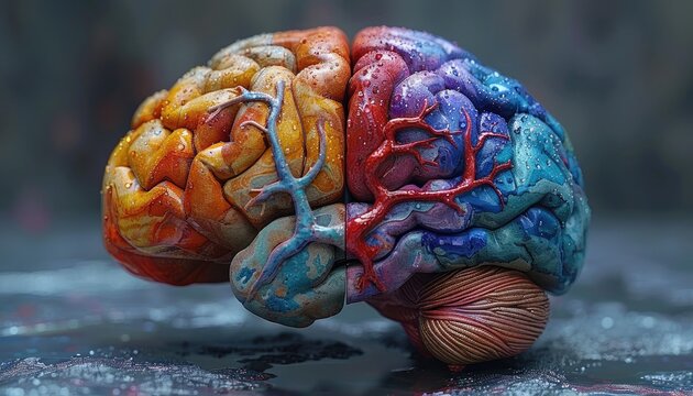 Colorful human brain model showcasing detailed anatomy, with vibrant representation of left and right hemispheres.