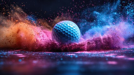 Dynamic image of a golf ball in colorful explosion, showcasing the energy and motion with vibrant hues of pink, blue, and orange in a dark background.