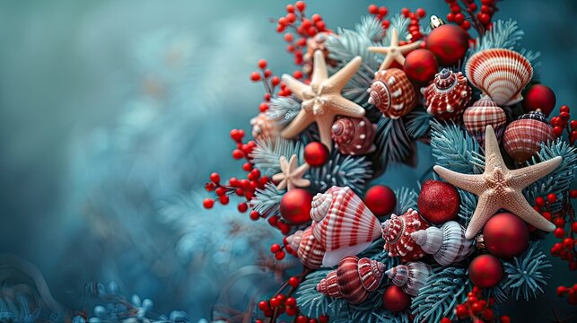 Festive Christmas wreath with seashells and starfish, adorned with red berries and ornaments, on a wintery blue background.