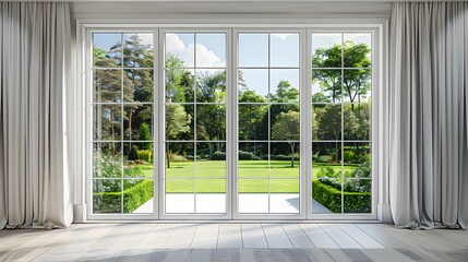 Open the prestigous white patio doors, view of a large garden with a lawn and trees and hedges, bright daylight.
