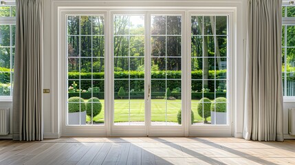 Fototapeta premium Open the prestigous white patio doors, view of a large garden with a lawn and trees and hedges, bright daylight. 