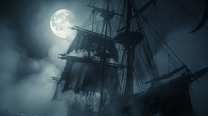 Detailed close-up, moonlit tattered sails, fog concealing pirate faces, evoking a mystical and awe-inspiring adventure