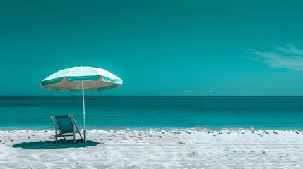 Photo of a beach umbrella and chair on the sand in the style of an empty ocean, teal color tone.
