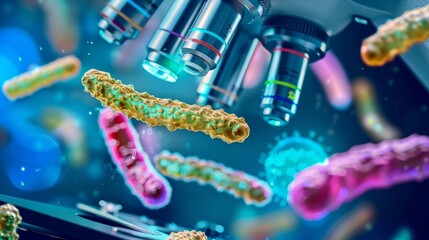 A laboratory setting where a sample with germs and bacteria is being examined under a microscope.

