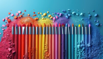 Vibrant colored pencils arranged in a rainbow pattern with multicolored powder, creating a visually stunning gradient effect.