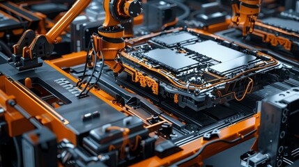 Electric car battery cells in the process of being assembled by advanced robotic systems, detailed industrial factory background, cutting-edge technology