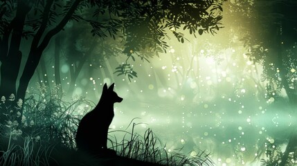 Tranquil silhouette of a kitsune, portrayed as a wise and cunning mythical being, set in a magical, enchanted forest scene, perfect for a fantasy creature design
