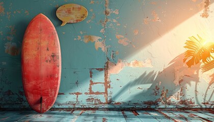 Vintage surfboard leaning against an old, weathered wall with a tropical vibe and sunlight streaming in, creating a nostalgic summer atmosphere.
