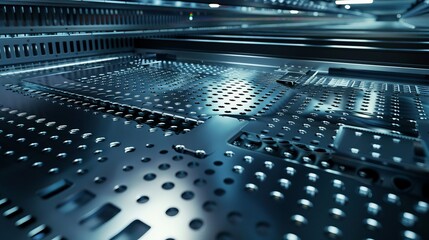 Obraz premium High-definition image of automated machine punches creating consistent patterns in metal sheets, emphasizing precision and efficiency