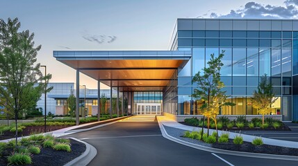 A striking hospital design, with the entrance adorned by a canopy for protection and aesthetics.