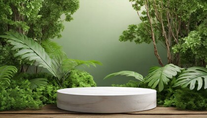 Podium background product green nature 3D forest stand white plant.