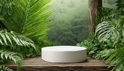 Podium background product green nature 3D forest stand white plant.