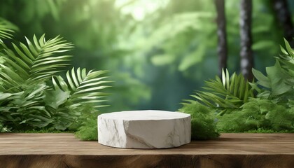 Podium background product green nature 3D forest stand white plant.