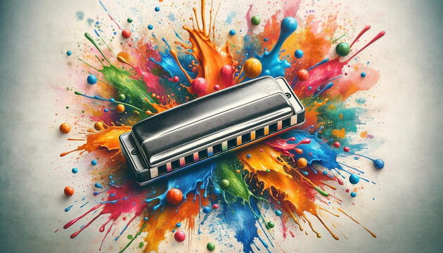 A retro harmonica set against a backdrop of colorful splashes - Generative AI