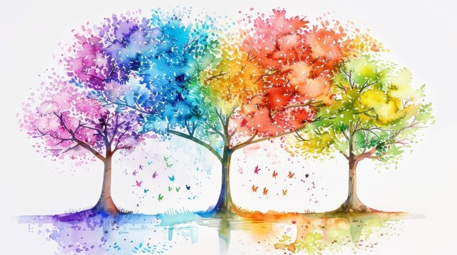 A vibrant hand-painted illustration depicting a tree through all four seasons.


