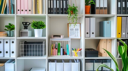 White bookshelves with black and white documents, a small plastic box in the middle of one shelf containing stationery and an open notebook.

