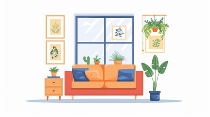 A stylish living room with a comfortable sofa, framed wall art, a cabinet, and lush houseplants.

