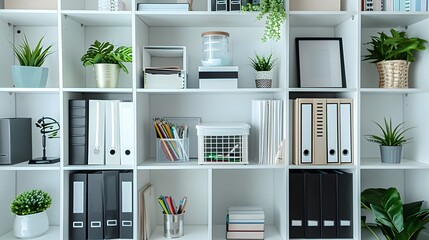 Fototapeta premium White bookshelves with black and white documents, a small plastic box in the middle of one shelf containing stationery and an open notebook. 