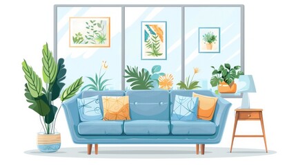 A stylish living room with a comfortable sofa, framed wall art, a cabinet, and lush houseplants.

