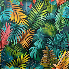 This is a repeating pattern of tropical leaves in various bright colors including green, yellow, orange, and red.

