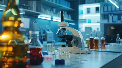 A cutting-edge medical research lab equipped with a microscope and test tubes filled with various biochemicals.

