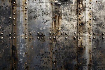 Oxidized, rusted metal plates forming an aged wall surface. Grunge, post-apocalyptic concept