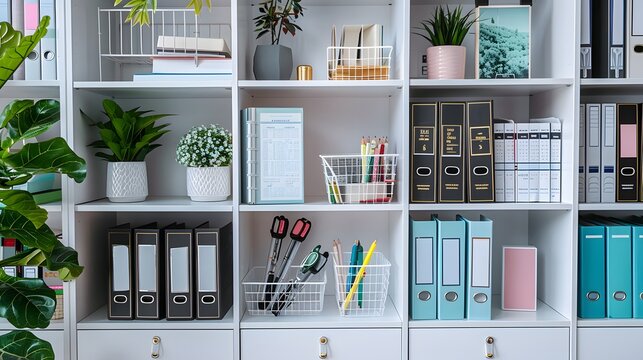 White bookshelves with black and white documents, a small plastic box in the middle of one shelf containing stationery and an open notebook.
