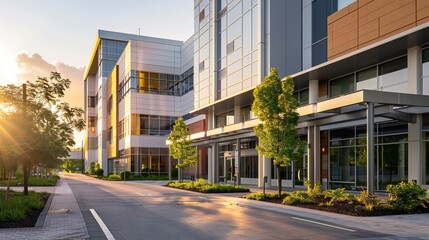 An inviting hospital facade, featuring a blend of materials and colors that evoke a sense of serenity.