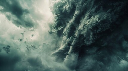 Intense tornado close-up, destructive force with turbulent wind, ominous storm clouds in the background, raw nature's fury