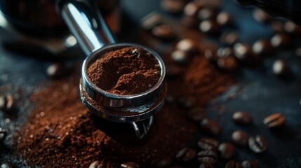 A portafilter with tamped coffee grounds surrounded by spilled coffee beans in a dark setting.

