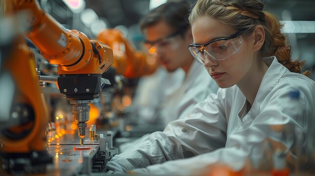 Engineers working with robotic arms in a high-tech factory, showcasing modern automated manufacturing and precision engineering.