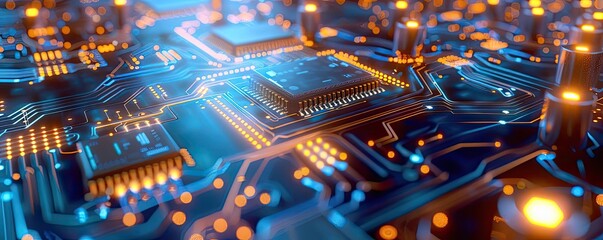 A complex microcircuit landscape resembling a bustling city, with data streams flowing like rivers and glowing nodes as streetlights