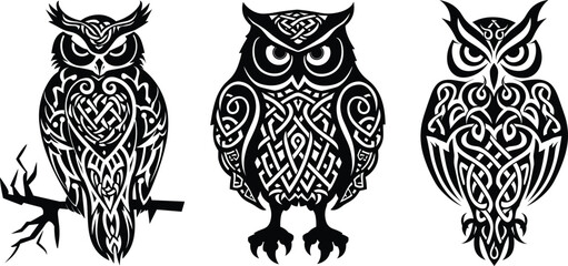 set of Celtic owl Vector. doodle style, jungle Birds, Logo, symbol, and Celtic ornaments. black and white Vector illustration	
