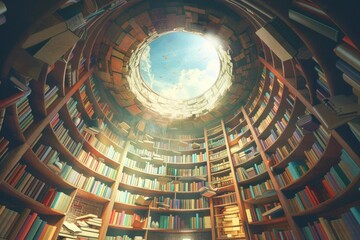 A vast library with bookshelves reaching up to the sky