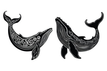 Celtic whale. doodle style, Celtic ornaments.  sea mammal animal sign and symbol, black and white Vector illustration	
