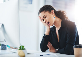 Businesswoman, tired and stress fatigue at computer for assistant deadline with burnout, overworked or headache. Female person, yawn and exhausted brain god for mental health, anxiety or depression