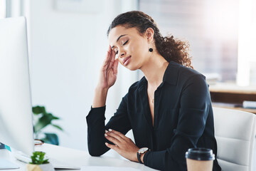 Businesswoman, office and tired with headache stress or burnout fatigue with mental health, pain or brain fog. Female person, computer and overworked anxiety with overwhelmed, tension or migraine