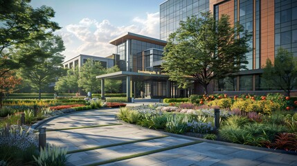 Obraz premium The hospital's exterior design narrative extends from the entrance to the overall campus layout, promoting healing and well-being.