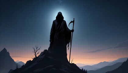 The grim reaper standing atop a mountain peak his upscaled_6