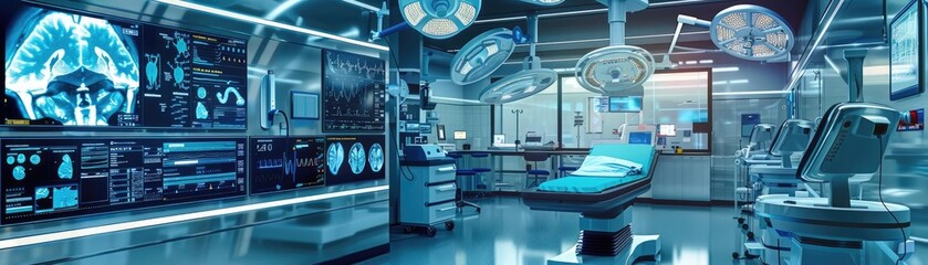 A cuttingedge operating room using AI diagnostic tools and cloud networking for comprehensive medical monitoring and data sharing