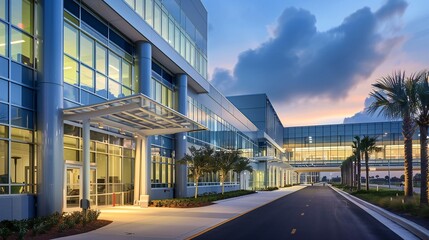 The hospital's exterior facade, designed with large windows to maximize natural light and ventilation.