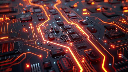 Obraz premium A detailed 3D rendering of a circuit board with glowing traces and microchips, viewed from a low angle