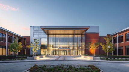 The hospital's frontage, designed with clear sightlines and accessible pathways for patients and visitors.