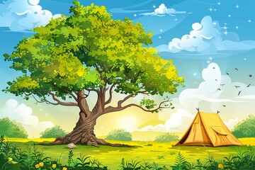 A camping tent under a big tree in forest. camping equipment, outdoor adventure, Vector illustration.