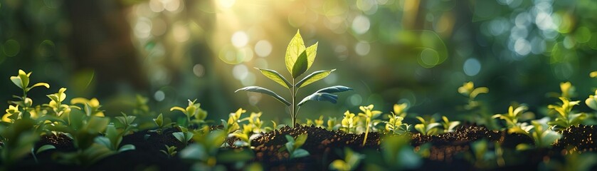 A beautiful close-up of a young plant growing in the rich soil of a lush forest - Powered by Adobe