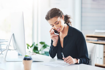 Businesswoman, assistant and phone call with paperwork in office for meeting confirmation, schedule...