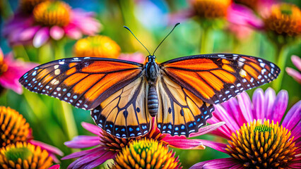 A macro shot of a vibrant butterfly perched delicately on a blooming flower, showcasing intricate details of its wings and antennae.